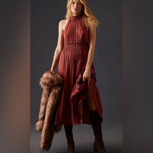 Anthropologie high neck midi dress in burnt orange